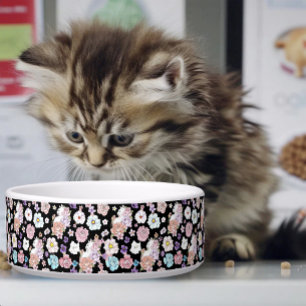 Weiße Katze Pastell Blumen Schwarz Romantische Bot Napf