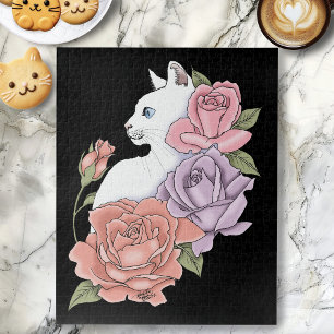 Weiße Katze Pastell-Blumen Schwarz Romantische Bot Puzzle