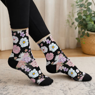 Weiße Katze Pastell-Blumen Schwarz Romantische Bot Socken