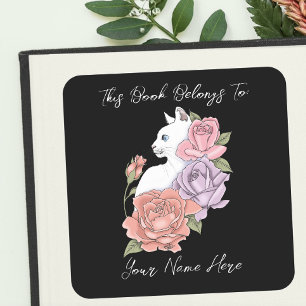 Weiße Katze Pastell Blumen Schwarzes Romantisches  Quadratischer Aufkleber