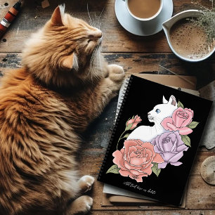 Weiße Katze Pastell Blumig Schwarz Romantische Bot Notizbuch
