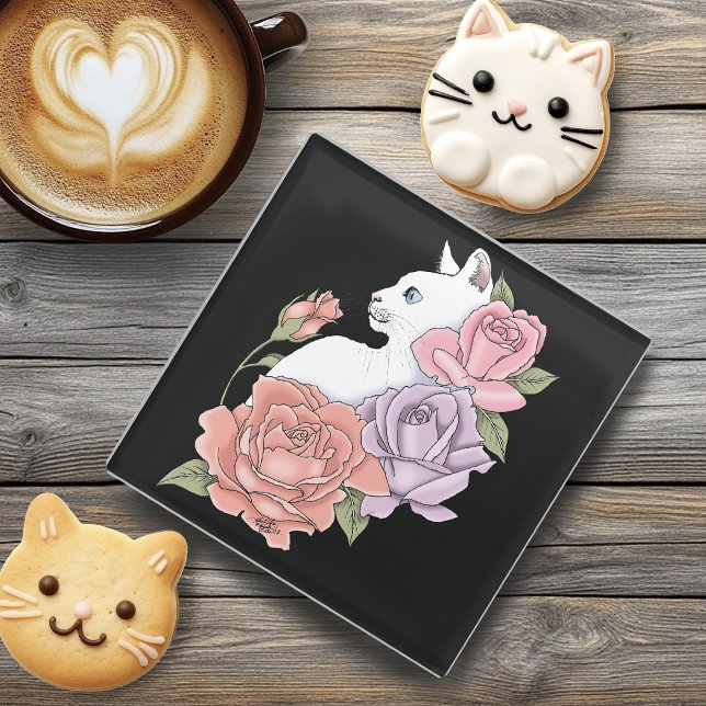 Weiße Katze Peach Lavendel Pink Roses Glasuntersetzer (Von Creator hochgeladen)