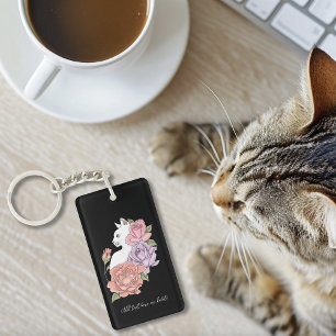 Weiße Katze Peach Lavendel Pink Roses Schlüsselanhänger
