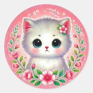 Weiße Katze rosa Blumen Geschenk für Katzenliebhab Runder Aufkleber