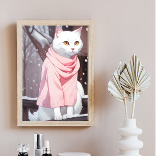 Weiße Katze rosa Outfit Herbst Winter Manga Wandku Poster