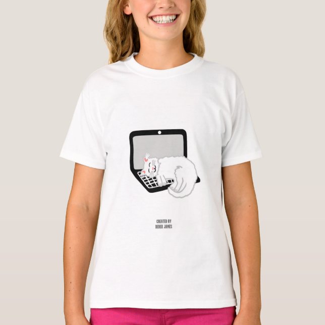 Weiße Katze Schlafen auf Laptop Girls Weiß T Shirt (Vorderseite)