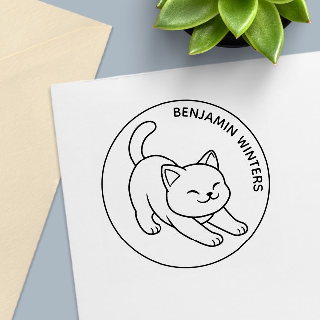 Weiße Katze Stretching Benutzerdefinierter Text Permastempel (Von Creator hochgeladen)