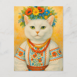 Weiße Katze Ukrainische Blume Wreath Postkarte