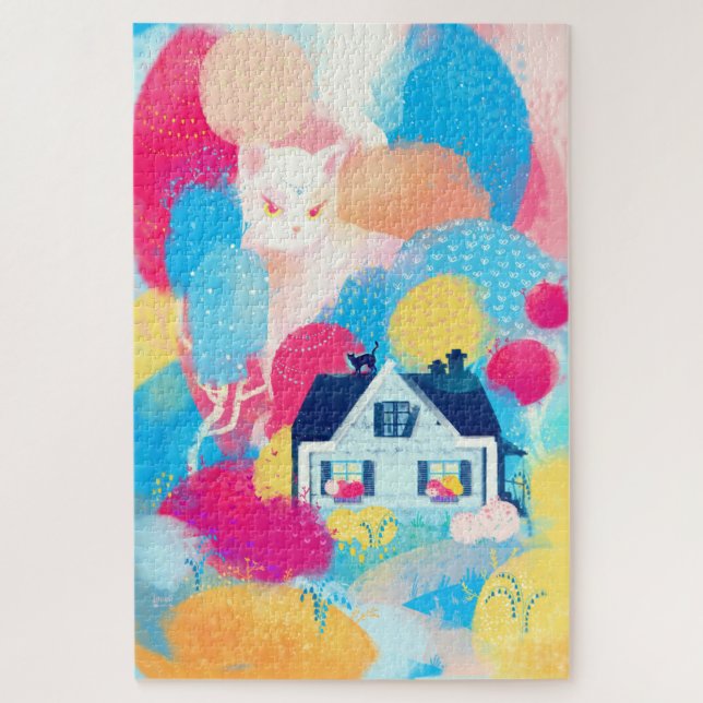 Weiße Katze und Landhaus Puzzle (Vertikal)