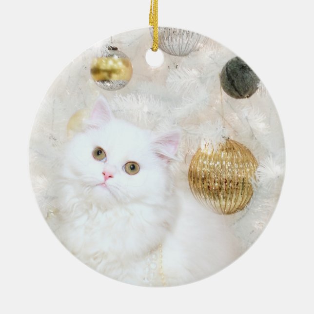 Weiße Katze und weiße Weihnachtsbaume Keramikornament (Hinten)