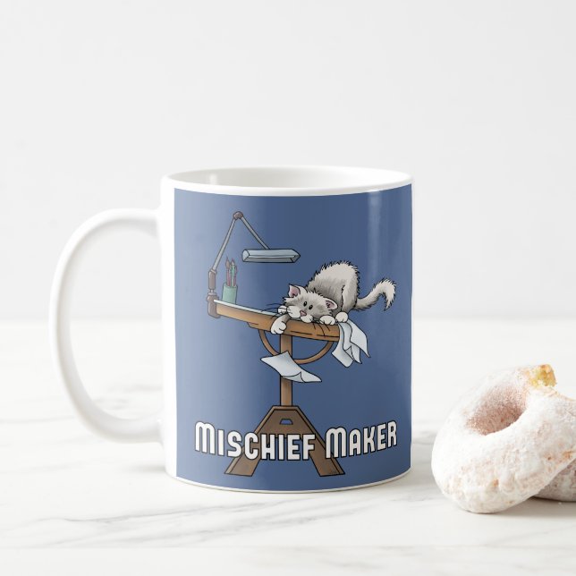 Weiße Katze Unruhestifter Kaffeetasse (Mit Donut)
