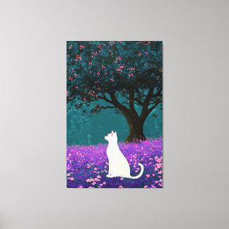 Weiße Katze unter Eichenbaum Illustration Art Leinwanddruck
