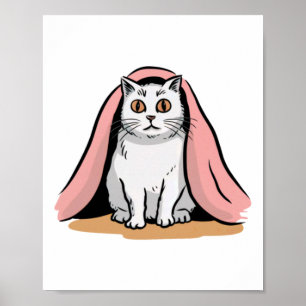 Weiße Katze unter einem rosa Bettlaken Aufkleber  Poster