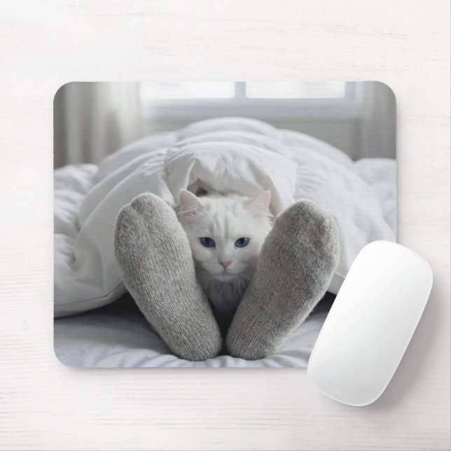 Weiße Katze unter einer weißen Bettdecke Mousepad (Mit Mouse)
