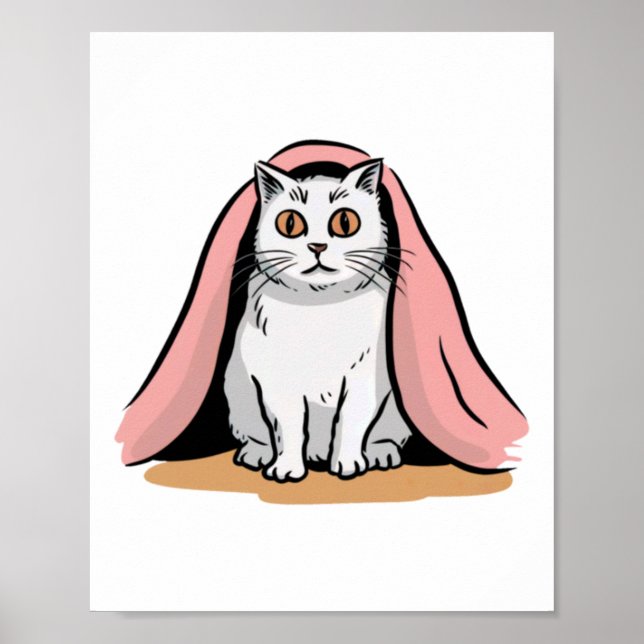 Weiße Katze unter rosa Deckenaufkleber Poster (Vorne)