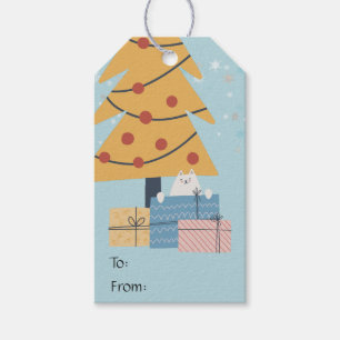 Weiße Katze unter Weihnachtsbaum präsentiert Gesch Geschenkanhänger