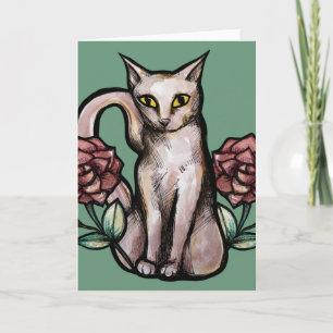 Weiße Katze Vintage-Rose Rosen Weiße Kätzchen Kuns Karte