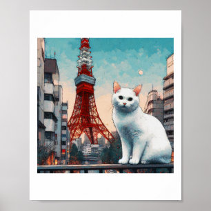 Weiße Katze vor dem Tokyo Tower Aufkleber Poster