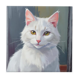 Weiße Katze | Wasserfarben-Katze Haustiermalerei Fliese