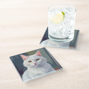 Weiße Katze Wasserfarben-Katze Haustiermalerei Glasuntersetzer