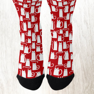 Weiße Katzen auf Rot Socken