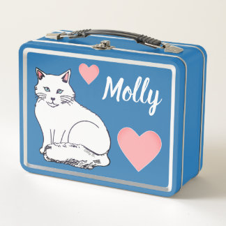 Weiße Katzen-Rosa-Herz-personalisierter Metall Lunch Box