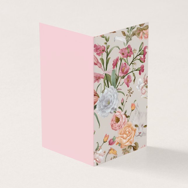Weiße Katzen rosa Rosen Blumen-Flat-Dankeskarten (Vorderseite)