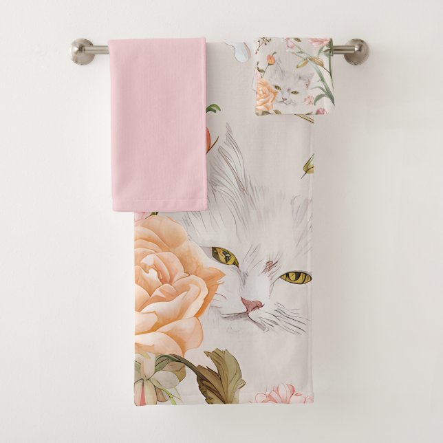 Weiße Katzen rosa Rosen floral  Badhandtuch Set (Insitu)