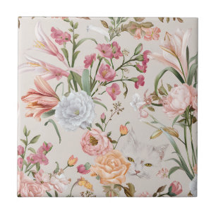 Weiße Katzen rosa Rosen floral Fliese