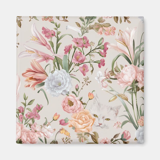 Weiße Katzen rosa Rosen floral Magnet (Vorne)