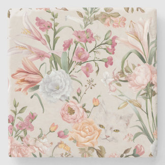 Weiße Katzen rosa Rosen floral  Steinuntersetzer