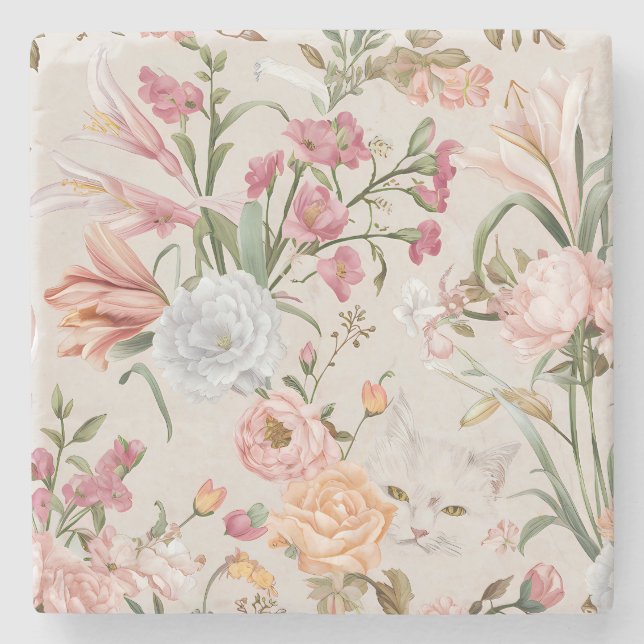 Weiße Katzen rosa Rosen floral  Steinuntersetzer (Vorderseite)