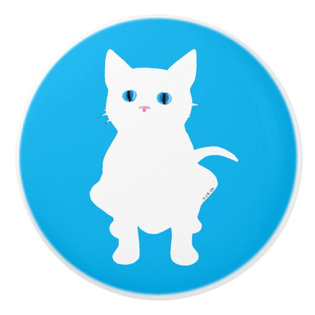 weiße Katzen-Silhouette Keramikknauf (Vorderseite)