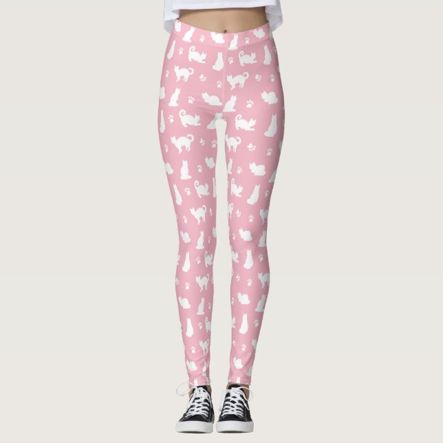 Weiße Katzen und Pawprinzen auf Rosa Leggings (Vorderseite)