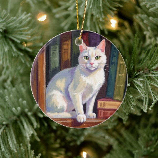 Weiße Katzzeichnung Keramik Ornament (Baum)