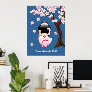 Weiße Kimono Kokeshi Puppe - niedliches Poster