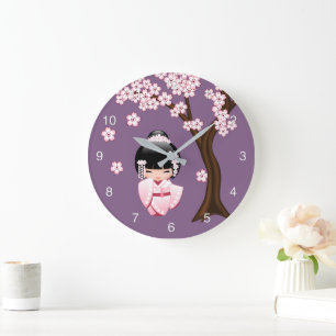 Weiße Kimono Kokeshi Puppe Süße Geisha Mädchen Lil Große Wanduhr