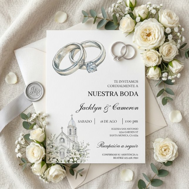 Weiße Kirche mit Ring Spanische Hochzeit Einladung (Von Creator hochgeladen)