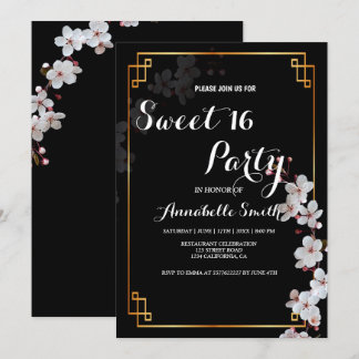 Weiße Kirschblüten & goldener Rahmen, süß 16 Einladung