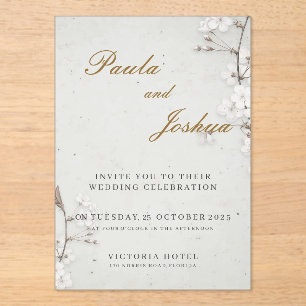 Weiße Kirschblüten & Goldschrift Elegante Hochzeit Acryleinladungen