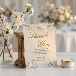 Weiße Kirschblüten-Hochzeit mit goldener Schrift Dankeskarte