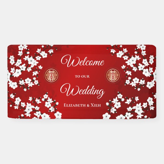 Weiße Kirschblüten Rote Chinesische Hochzeit Banner (Horizontal)