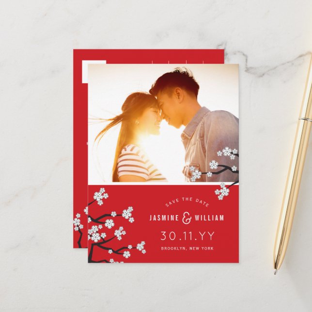 Weiße Kirschblüten Sakura Foto Save the Date Ankündigungspostkarte (Vorderseite/Rückseite Beispiel)