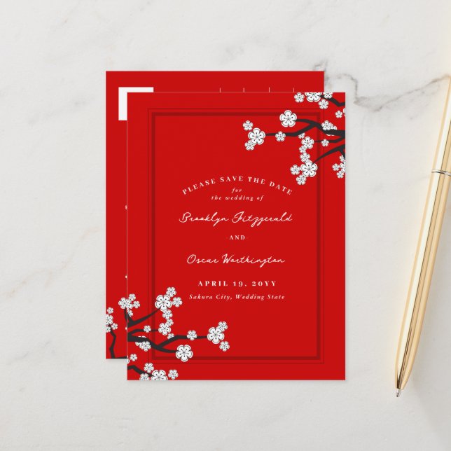 Weiße Kirschblüten Sakura Save the Date asiatisch Ankündigungspostkarte (Vorderseite/Rückseite Beispiel)