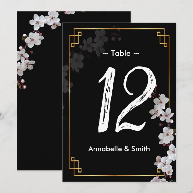 Weiße Kirschblüten und goldene Rahmen-Tischnummer Einladung (Vorne/Hinten)