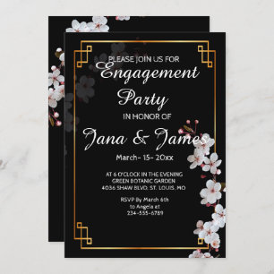 Weiße Kirschblüten und goldene Rahmen-Verlobung Einladung