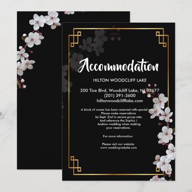 Weiße Kirschblüten und goldene Unterkunft Einladung (Vorne/Hinten)