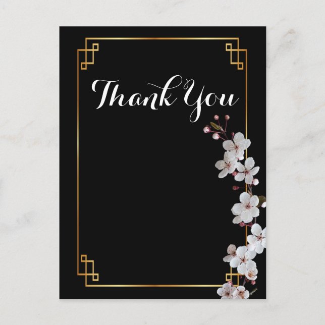 Weiße Kirschblüten und goldener Rahmen Danke Postkarte (Vorderseite)