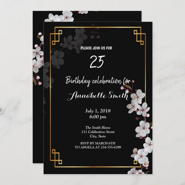 Weiße Kirschblüten und goldener Rahmen Geburtstag Einladung (Vorne/Hinten)