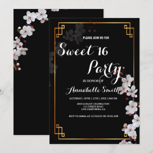 Weiße Kirschblüten und goldener Rahmen süß 16 Einladung